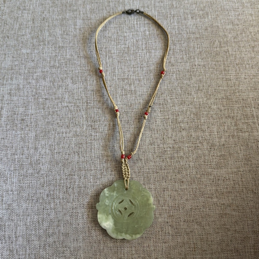 Natural Green Jade Carved Flower Pendant Necklace Tan Cord Red Beads China